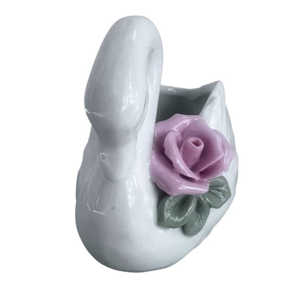 Porcelain White Swan Figurine Pink Rose Candle Holder Dressing Table Decor - Picture 3 of 11